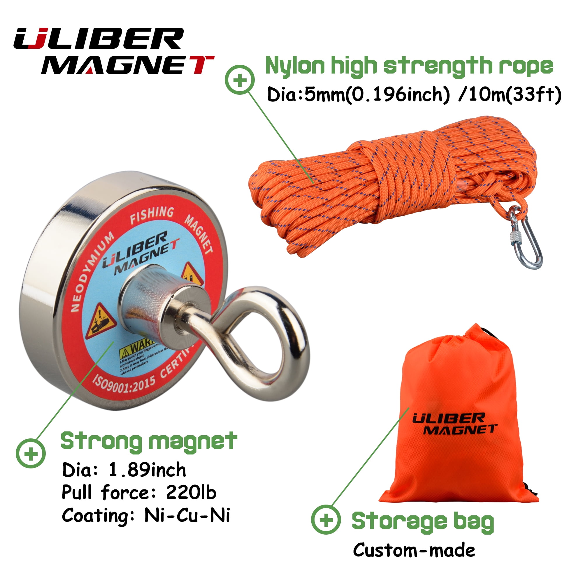 ULIBERMAGNET Double Sided Fishing Magnet Kit, 880lb N52 Neodymium