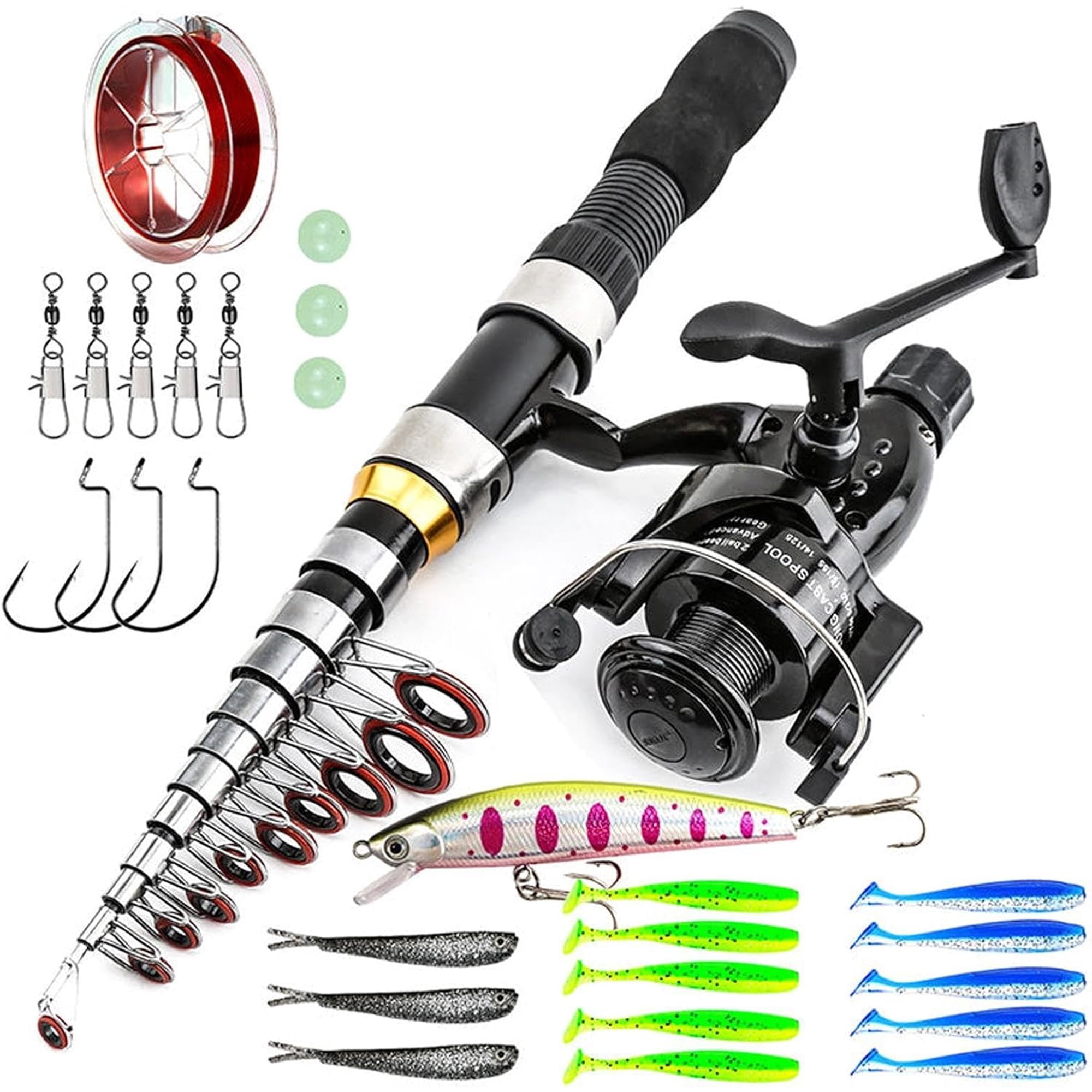 Complete Travel Fishing Gear Set & Carrying Bag Telescopic Rod and Reel Includes Line 1 Hard Lure 13 Soft Baits 3 Hooks Plus 5 Snap Swivels for Travel Camping and Weekend Trips Set 2.1M