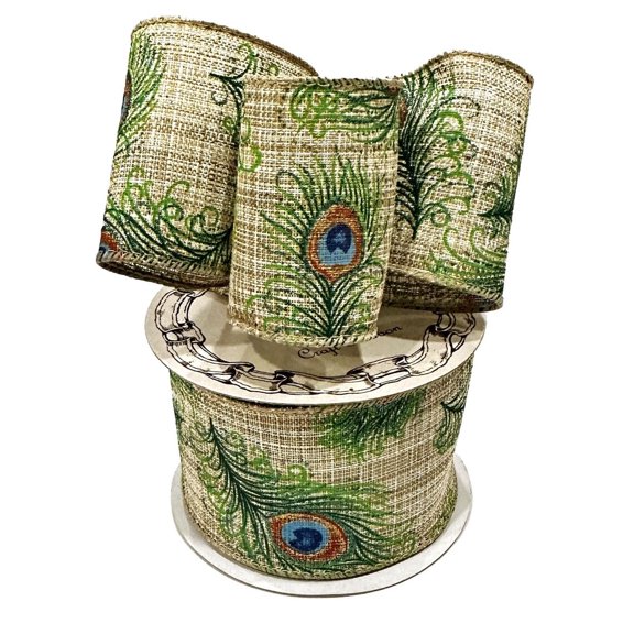 Beige Peacock Print Wired Ribbon - 2 1/2 inch x 10 Yards, Mother's Day, Blue, Green, Gold Feathers, Birthday, Wedding, Party, DIY Wreath, Swag, Garland, Mardi Gras, Fall, Thanksgiving, Christmas