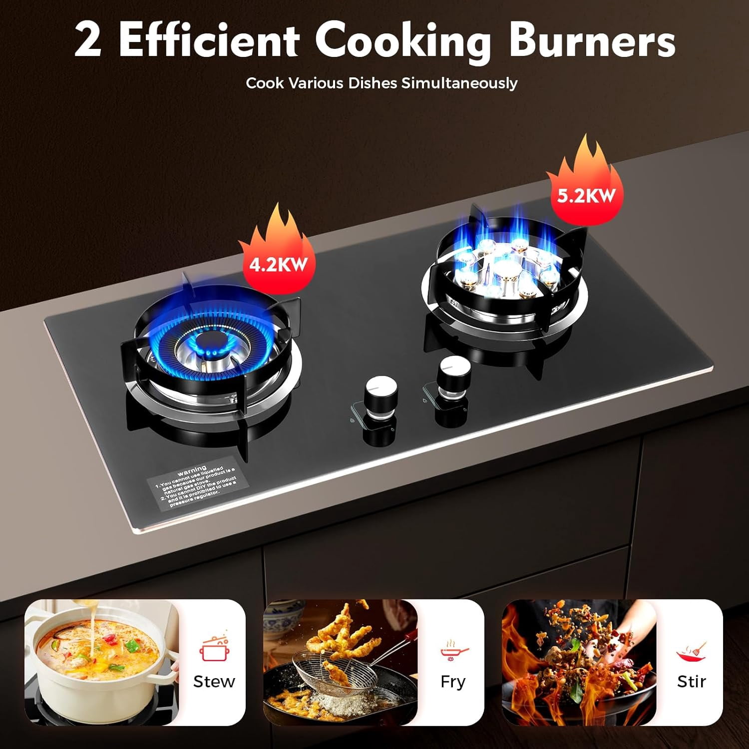 Miumaeov 28.7Inch 2-Burner Natural Gas Stove, Tempered Glass Gas Cooktop, Built-In Gas Stovetop with Ga-s Regulator