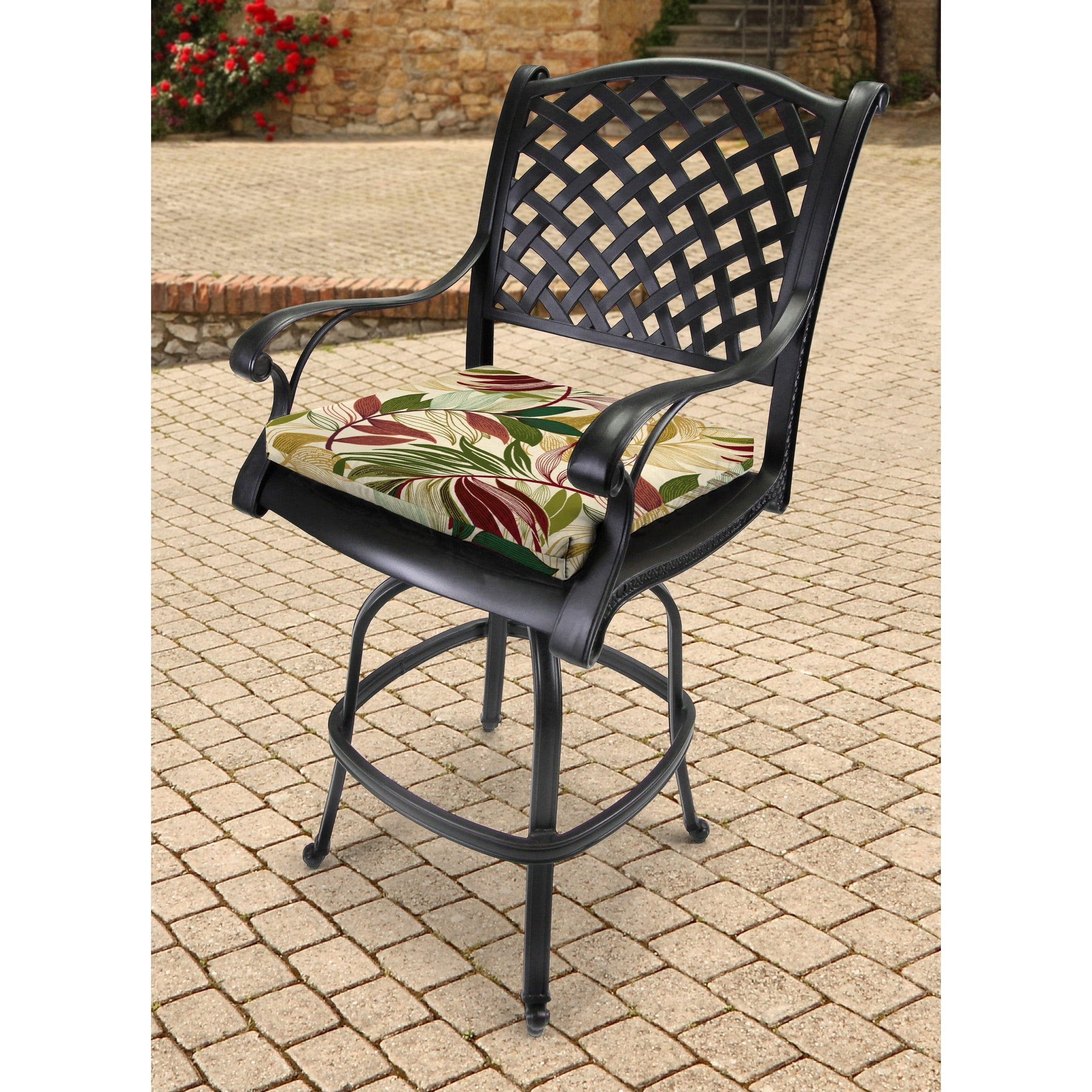Jordan Manufacturing 19" x 17" Beige Leaves Outdoor Seat Cushion with Ties (Set of 2)