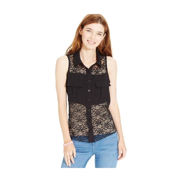 Material Girl Blusa con botones de encaje para mujer negro mediano