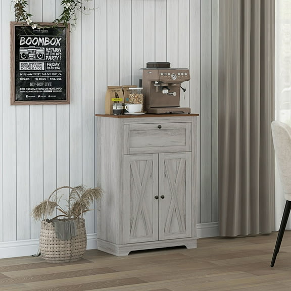 BOBOKY Farmhouse Storage Cabinet with Drawer & Doors, Wood Grain Finish Sideboard for Living Room, Kitchen, Entryway, Multipurpose Organizer.Light Gray