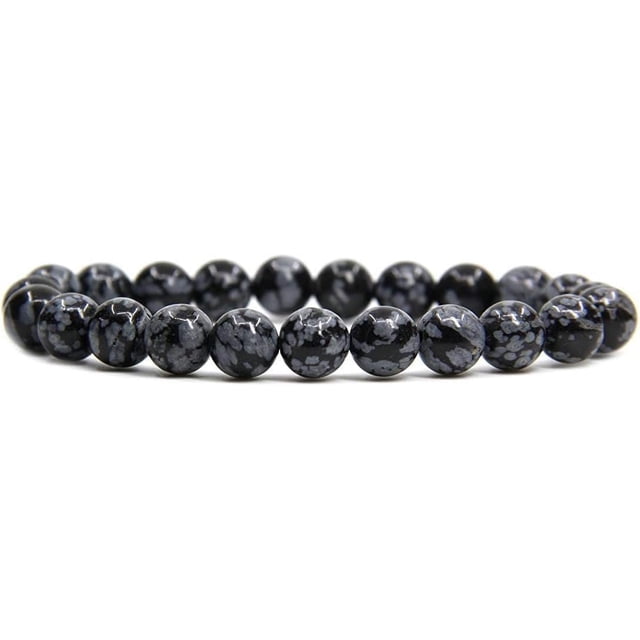 Bracelet Extensible en Perles Rondes de 8 mm avec Flocon de Neige Naturel et Obsidienne 7 Pouces