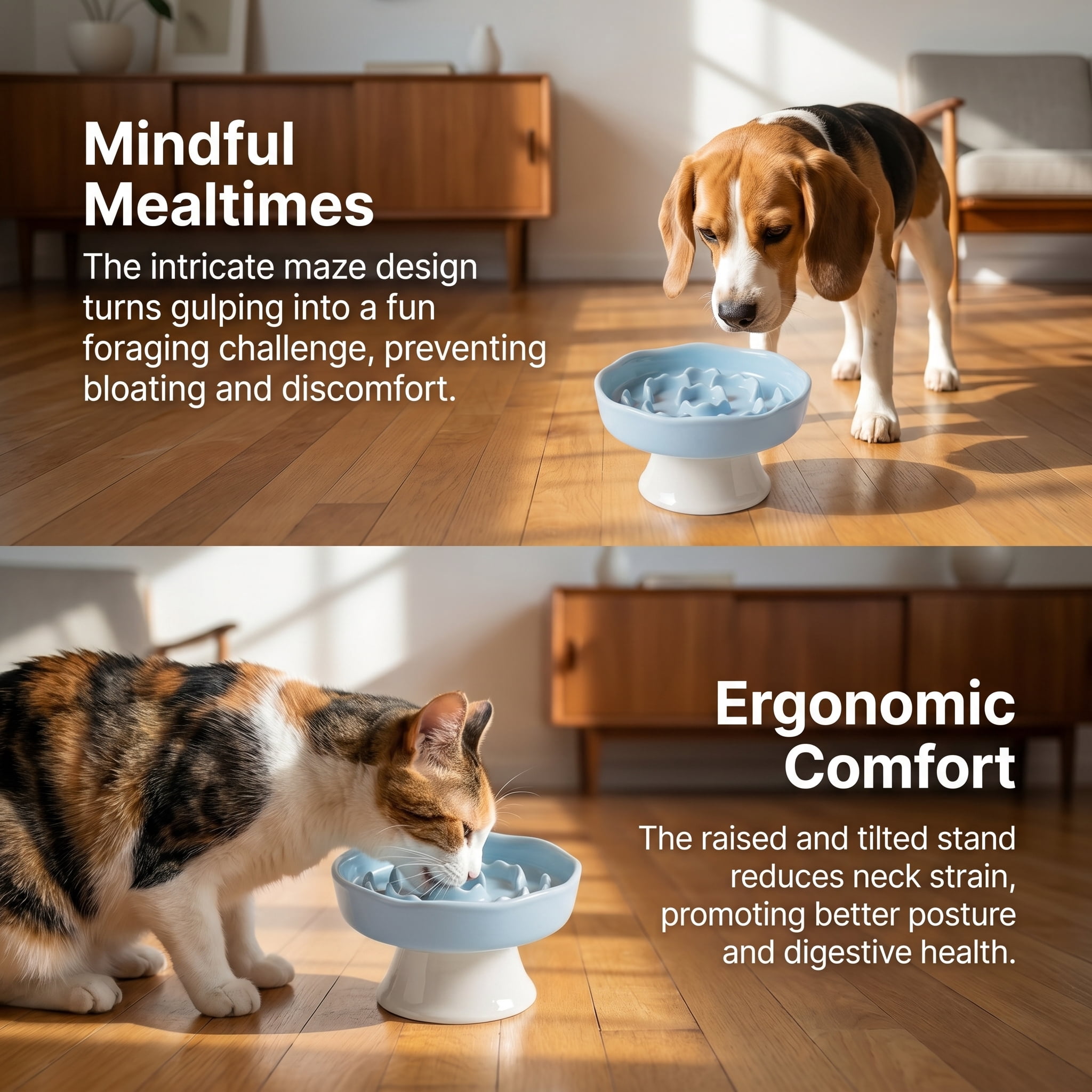 Elevated Ceramic Slow Feeder Cat Bowl, Anti-Gulping Raised Pet Dish for Improved Digestion, Neck Protection Tilted Maze Bowl for Cats and Small Dogs, 10.5 fl oz Capacity, Dishwasher Safe