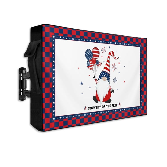 American Gnomes with Flag Balloon Outdoor TV Cover 52 to 55 Inch Waterproof, Independence Red Blue Checker Lace 600D Oxford TV Covers with Zipper, Outside Flat TV Screen Protector 52"Wx19"Hx4.5"D