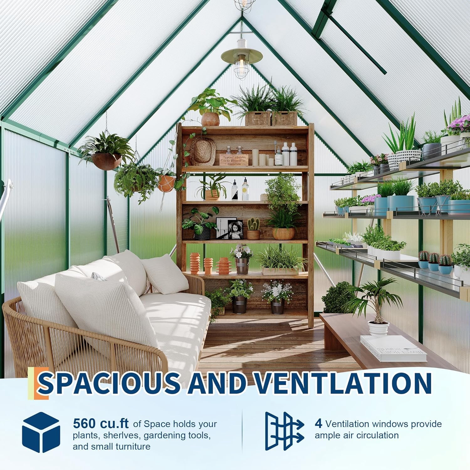 Greenhouse with Aluminum Frame, Polycarbonate Greenhouse for Outdoors, Greenhouses with Ventilation, Aluminum Large Walk-In Greenhouses, Green