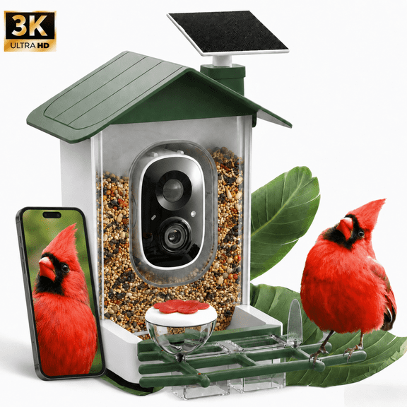 MEHOOM Smart Bird Feeder with Camera, 5MP 3K HD, AI Identifies 11,000  Species, Solar Powered Outdoor Feeder, 2.4GHz WiFi App Alerts, Green