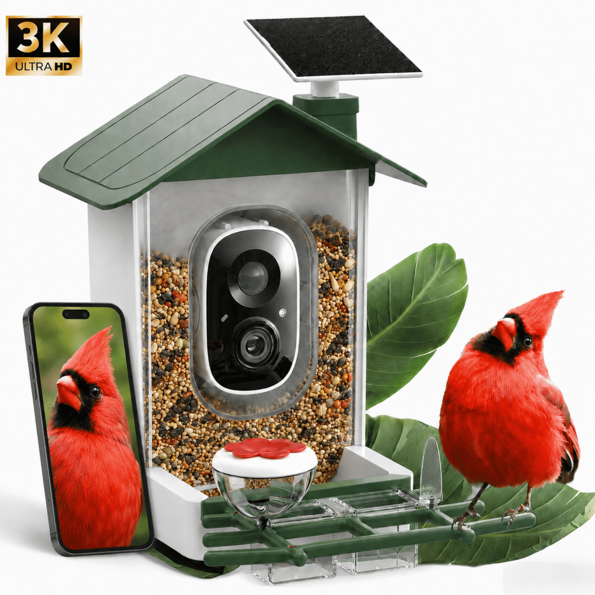MEHOOM Smart Bird Feeder with Camera, 5MP 3K HD, AI Identifies 11,000+ Species, Solar Powered Outdoor Feeder, 2.4GHz WiFi App Alerts, Green