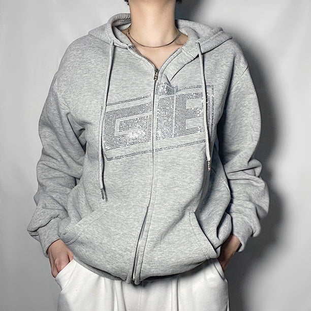 Y2K Rhinestone Esqueleto Sudaderas Con Capucha De Las Mujeres Gótico Negro Cremallera Hasta De Gran Tamaño Femeninas Retro Harajuku Chamarra Streetwearpangjing