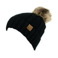 thumbnail image 4 of C.C Thick Cable Knit Faux Fuzzy Fur Pom Fleece Lined Skull Cap Cuff Beanie, Black, 4 of 4