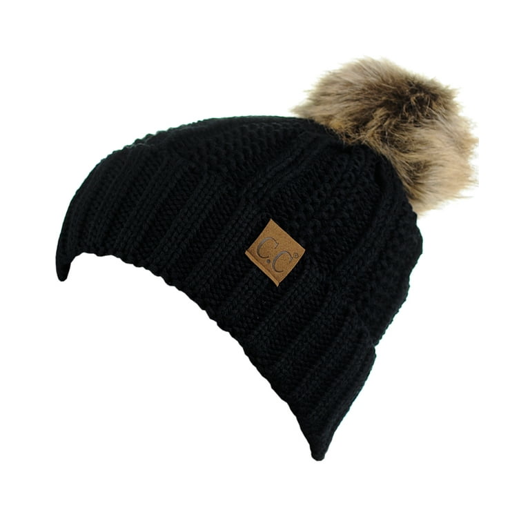 Black Cableknit Faux Fur Pom Hat Hats & Headwear