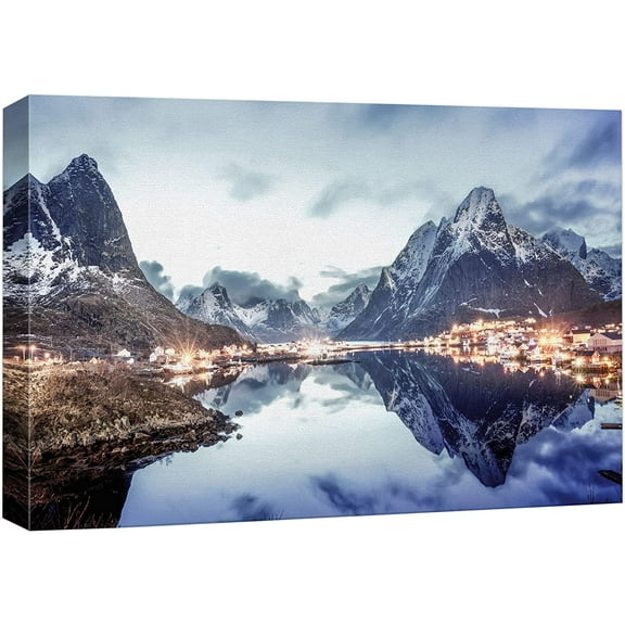 wall26 Canvas Print Wall Art Winter Snow Mountain City Light Village Nature Wilderness Photography Realism Earth Scenery Rustic Scenic Landscape Colorful for Living Room, Bedroom, Office - 32"x4