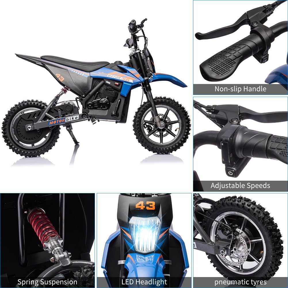 36V Kids Ride on Dirt Bike,15.5MPH Fast Speed Electric Battery-Powered Off-Road Motorcycle 500W Brushed Motor,Max Load 175 lbs,LED Light,Leather Seat,Disc Brake,Air-Filled Tires (Blue)