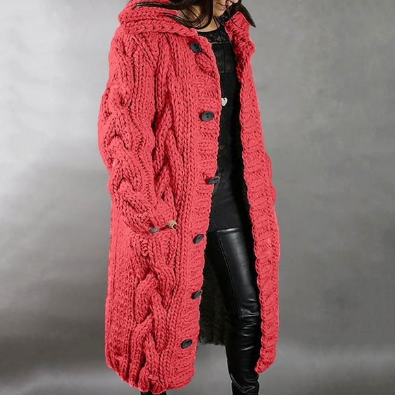 Usmixi 2023 Winter Womens Sweater Coats Womens Sweater Coats Winter Plus Size Soft Cozy Knitted Cotton Long Coats Casual Solid Long Sleeve Single Breasted Pocket Hooded Overcoats Up to 65% off
