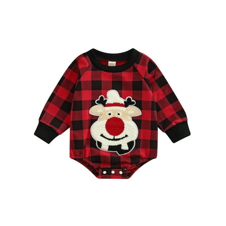 

Kids Baby Girls Christmas Plaid Romper Red Long Sleeve O Neck Elk/Santa Claus Print Jumpsuit