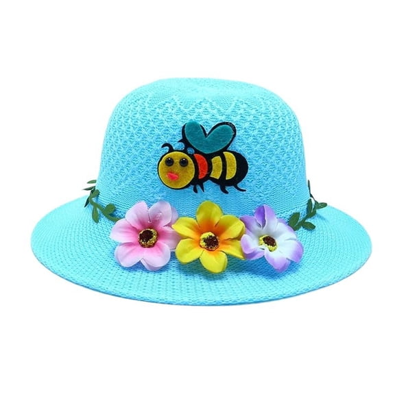 ZHOGXU Kids Straw Hat Summer Foldable Large Brim Flower Bee Embroidery Sun Protection Beach Hat For Boys Girls Outdoor Play Travel Lightweight Breathable,Blue,One Size