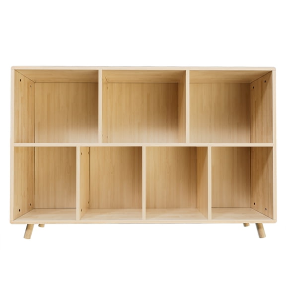 45.47" Wide Bookshelf, 7 Cube Storage Organizer, Solid Wood for Home, Office, Natural Rustic