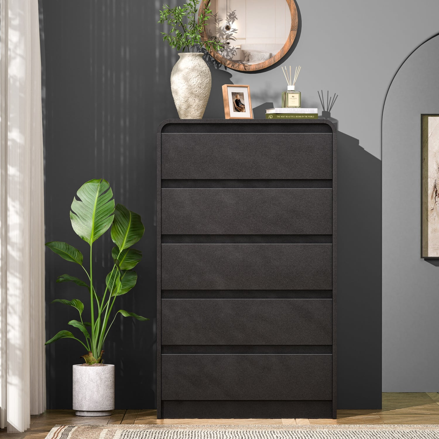 Hommoo Modern 5-Drawer Tall Dresser for Bedroom, Engineered Wood Chest of Drawers, Curved Mid-Century TV Stand & Storage Unit, 45" Space-Saving Design for Small Spaces, Black