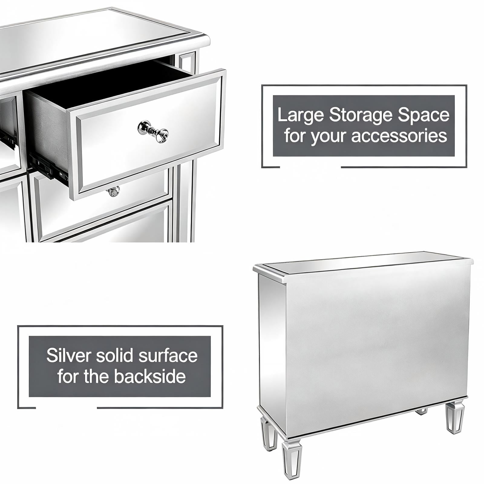 6-Drawer Mirrored Drawer Cabinet, MDF Storage Dresser with Mirror-Finish Drawer Fronts, Narrow Accent Chest for Bedroom, Dressing Room, Hallway or Vanity Area