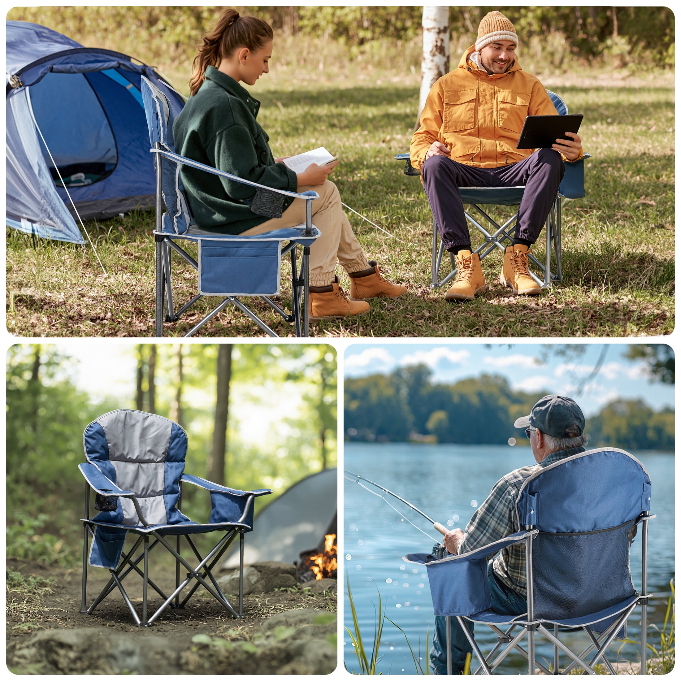 EDX Oversized Camping Folding Chair, Heavy Duty Padded Chair with Cup Holder Storage and Cooler Bag, 500 lbs Steel Frame, Portable for Outdoor,Blue Gray