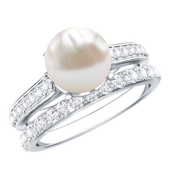 Rosec Jewels Natural Freshwater Pearl Wedding Engagement Ring Set - 7 Carat Engagement Ring with Wedding Band - AAA Quality, 925 Sterling Silver, US 4.00