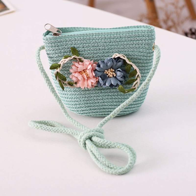 Esho Little Girls Boho Flower Straw Bag Kids Summer Crossbody Bags