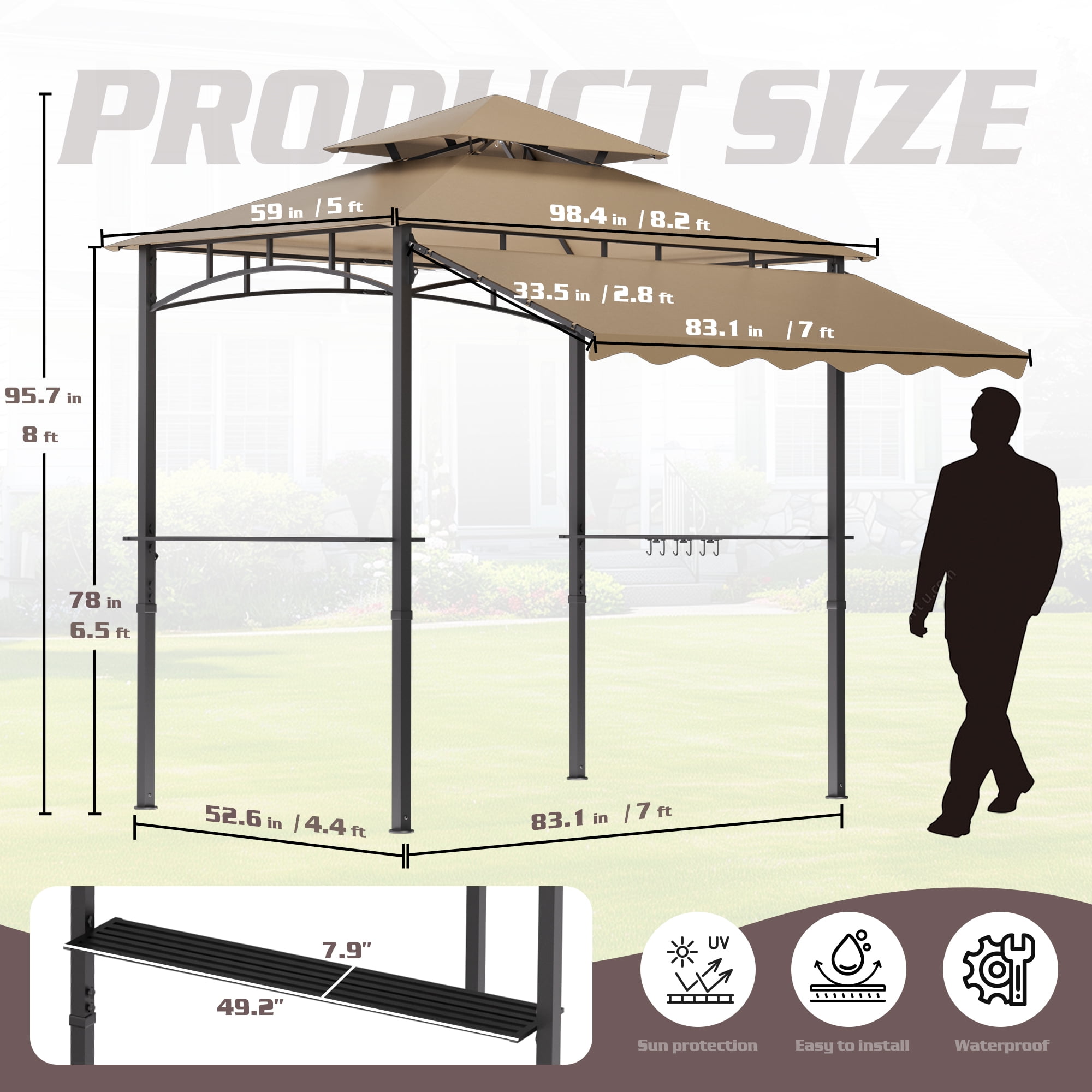Magic Union 8'X8' Grill Gazebo Canopy - Heavy Duty Steel Frame, Double Tiered Grill Canopy for Outdoor Grill W/Shelves, Ceiling Hooks and Ground Stakes, Patio Canopy Tent BBQ Gazebo for Backyard