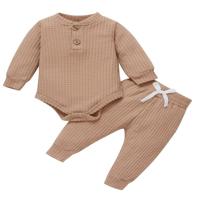 EIMELI Newborn Baby Girls Fall Winter Clothes Set Ribbed Knit Long Sleeve Romper Tops Pants 2PCS Outfit Yellow 9-12 Months