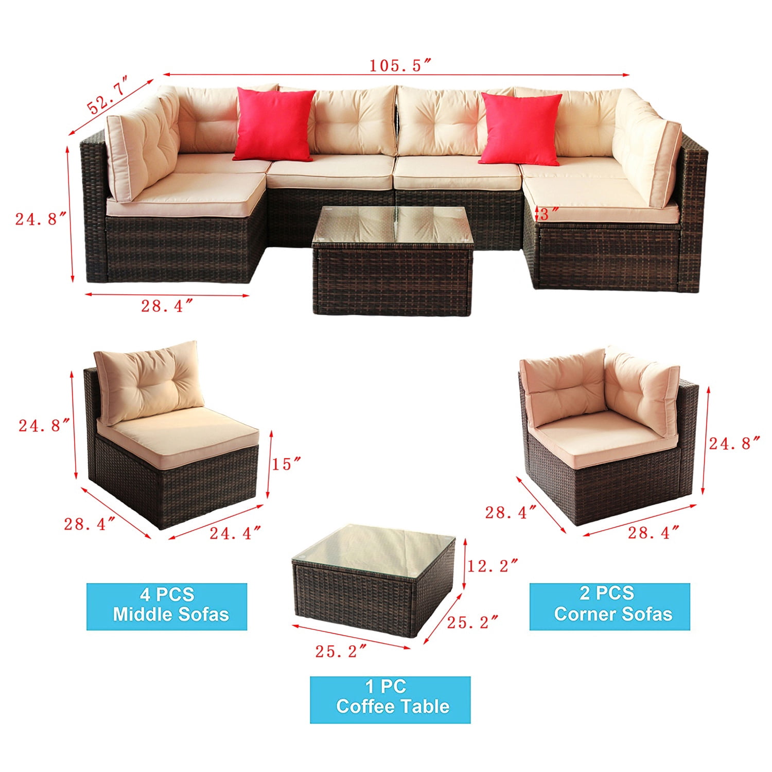 7 Piece Rattan Sectional Sofa Set, Outdoor Conversation Set, All-Weather Wicker Sectional Seating Group with Cushions & Coffee Table, Modern Furniture Couch Set for Patio Deck Garden Pool