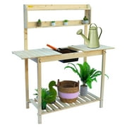 BIGTREE Garden Potting Bench Table Outdoor Wood Workstation with Sink Storage Shelf, Natural