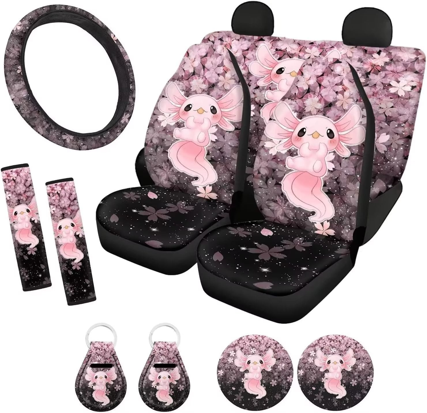 Pzuqiu Cow Print Accessories for Car Seat Covers Full Set 11 Pcs Pink  Steering Wheel Cover Vehicle Cup Coasters Holder Keychain for Women  Automotive Bucket Seat Protector 