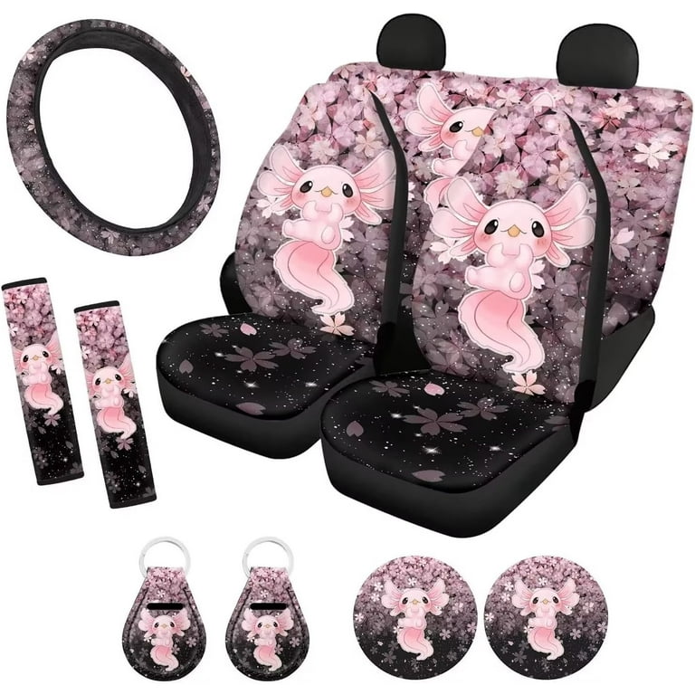 Pzuqiu Axolotl Car Seat Covers Full Set 11 Pieces Girls Truck Accessories  Pink and Black Cherry Blossom Keychain for Women Steering Wheel Covers for