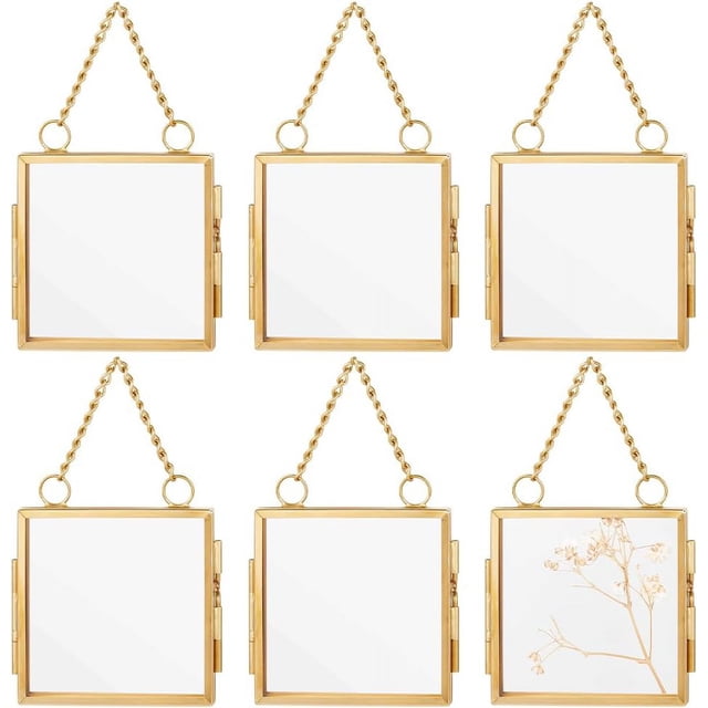 6pcs gold mini glass hanging frames measuring 2.7x2.7x0.3 inches, featuring a gold metal frame with double-sided clear glass and a gold chain for hanging. These square frames are ideal for displaying pressed flowers, leaves, or small artwork. The minimalist design adds a stylish touch to home or office décor.
