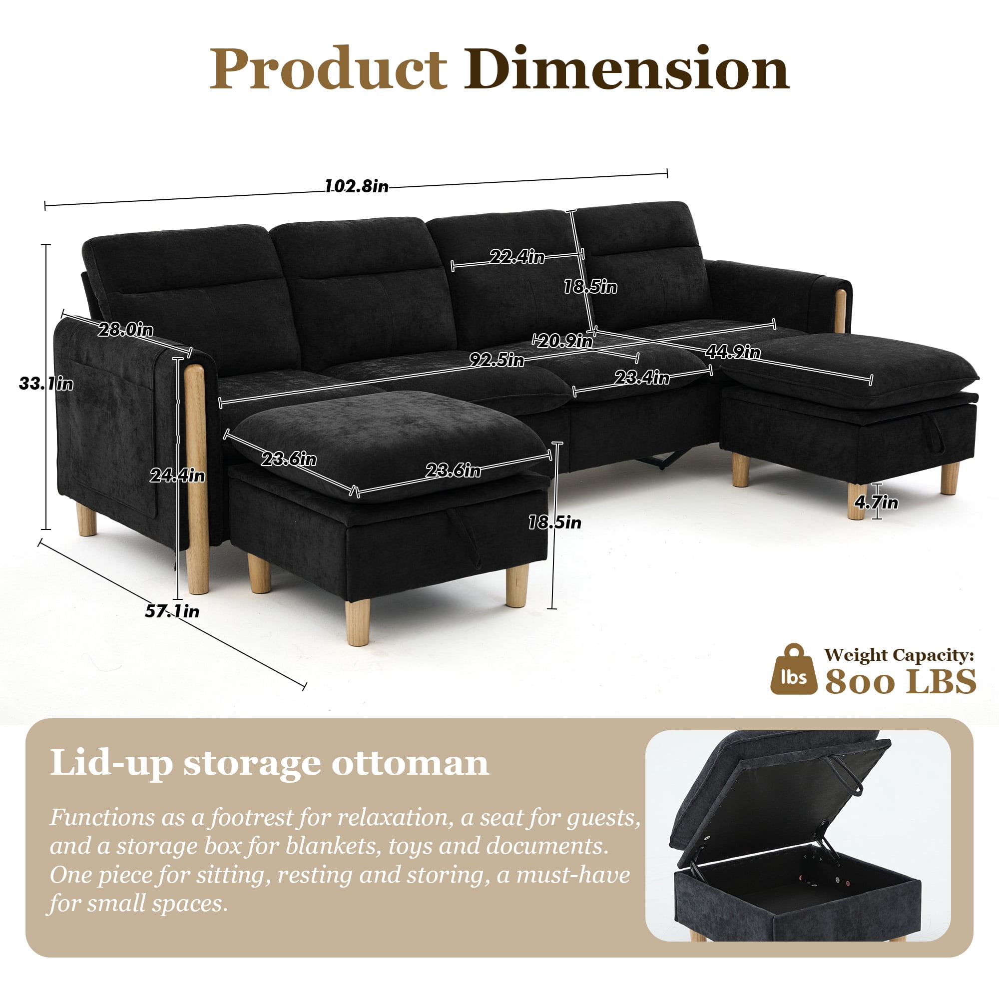 MOONMISS 4-Seater Chenille Sectional Sofa with 2 Storage Ottoman & Side Pocket Convertible Chaise Lounge for Living Room,Black