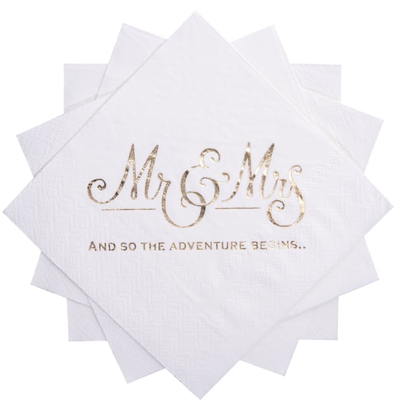 MyMealivos Wedding Napkins Disposable 200 Pcs, Gold Foil Mr and Mrs Cocktail Napkins for Wedding Dinner Party, 3-Ply, White