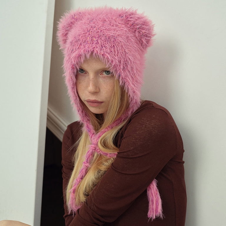 Cute Cat Ear y2k Furry Knit Beanie with Long Ear Straps Winter Hat Y2K Red & Pink Cat Ear Beanie With Bows - Etsy main image 2