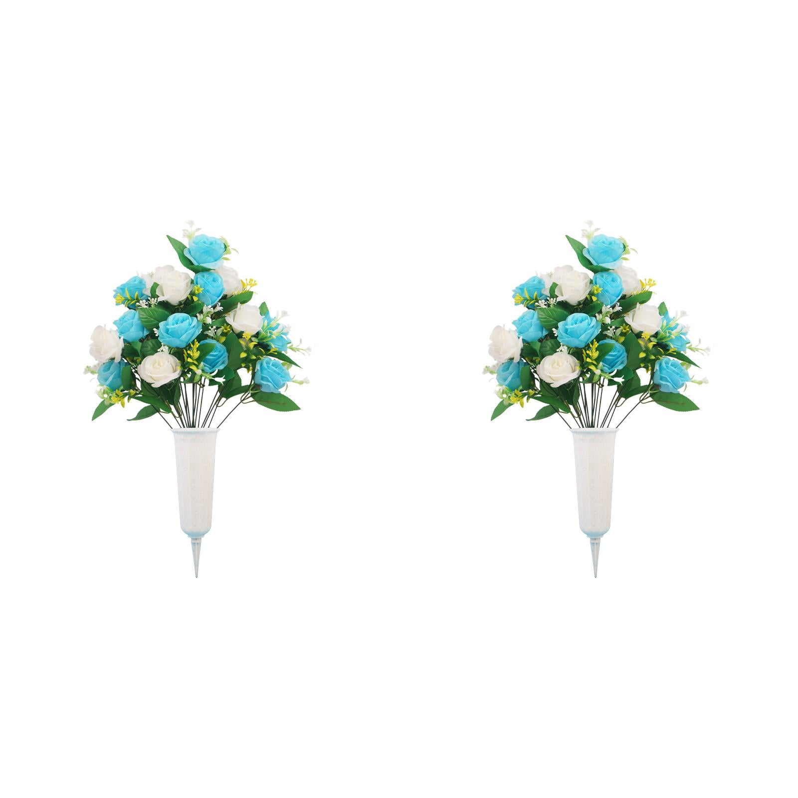 2Pc Artificial Cemetery Flowers, Grave Flowers with Plastic Vase Holder, All-Weather UV Resistant Blue & White Faux Roses, Outdoor Memorial Grave Decorations for Cemetery, Headstone, Yard Display