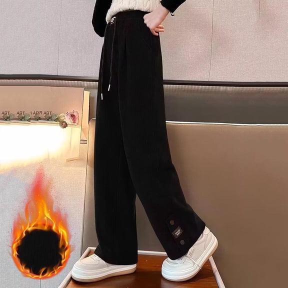 hengsof Girls' Solid Color Corduroy Straight Leg Casual Pants Loose Casual Wide Leg Pants Elastic Waist Length