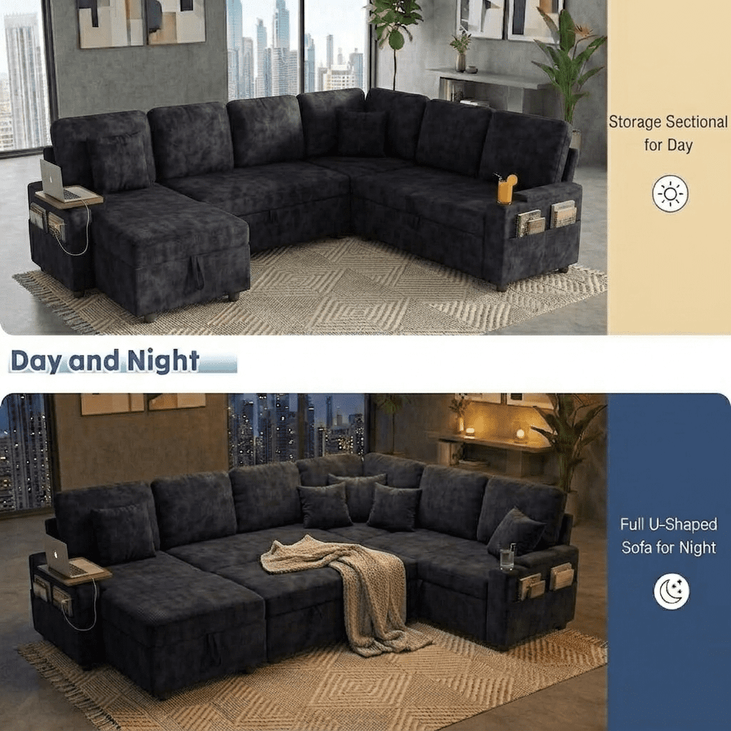 EPOWP 108" Sectional Sleeper Sofa, 7-Seater L-Shaped Modular Couch with Pull-Out Sofa Bed, Adjustable Backrest, Side Table & Charging Ports, Chenille Sectional Sofa for Living Room, Black