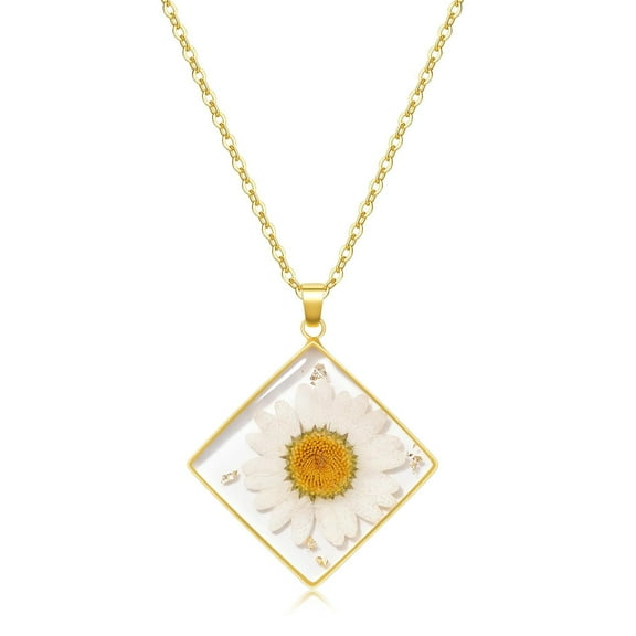 Birth Flower Necklaces For Women - Daisy April Month Flower Necklace - Handmade Pressed Flower Necklace - Unique Holiday Gift - Square Necklace Gold 18"