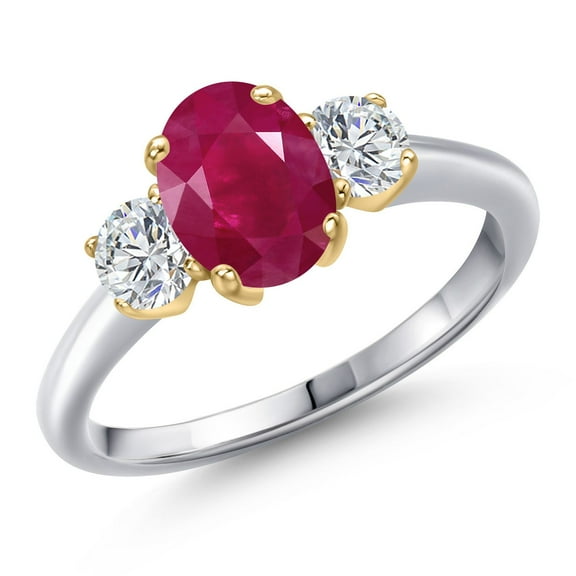 Gem Stone King 10K Two Tone Gold Red Ruby and Lab Grown Diamond Engagement Ring for Women | 2.14 Cttw | Oval 8X6MM | Gemstone July Birthstone | Size 8