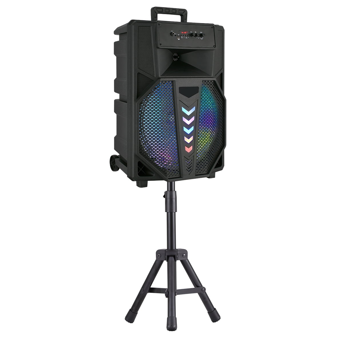 15" Woofer Portable Wireless Party Speaker with Microphone, Stand, LED, Black,USB/TF/BT/AUX/FM/TWS