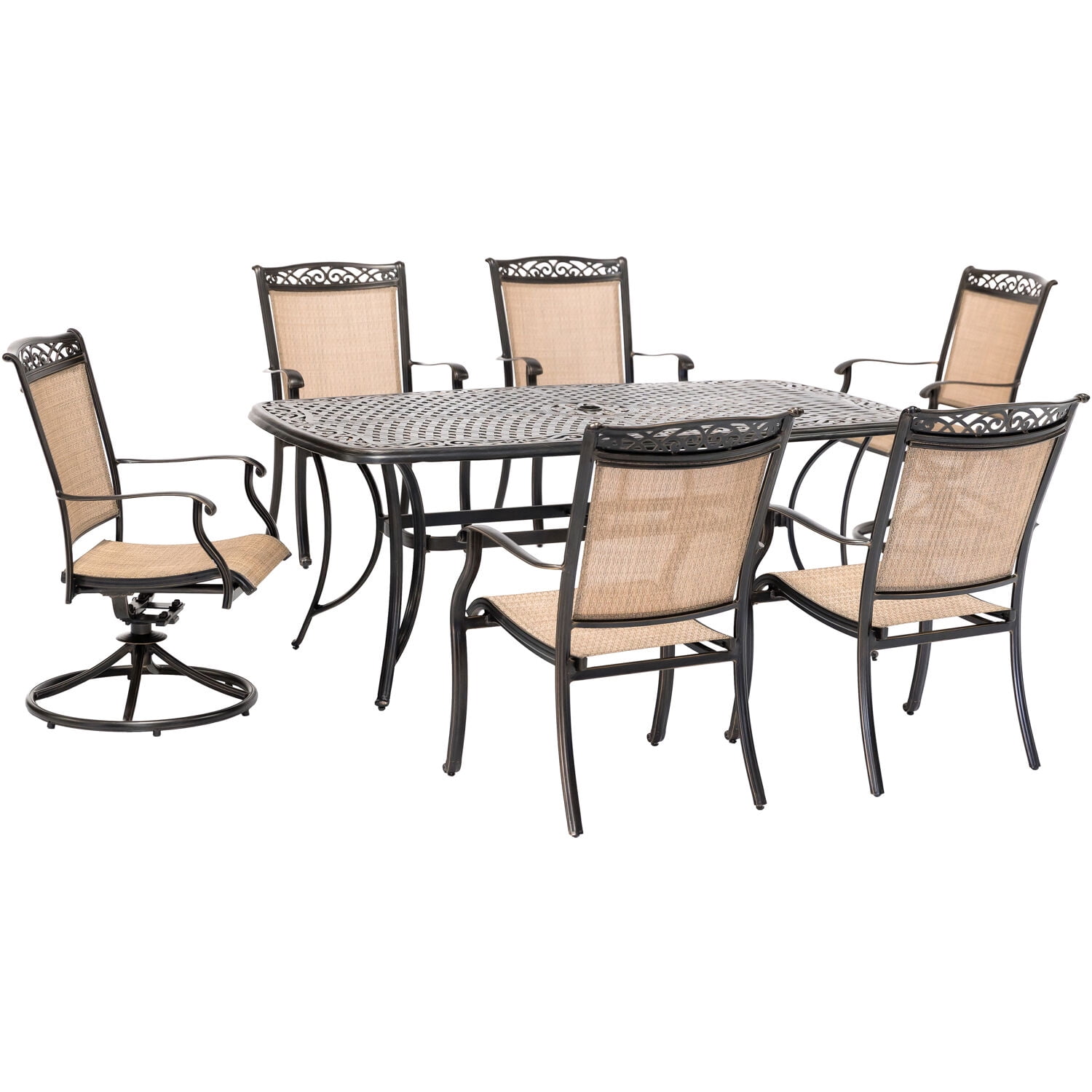 Hanover Fontana 7-Piece Outdoor Dining Set with 2 Sling Swivel Rockers