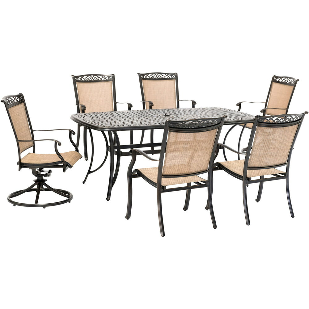 Hanover Fontana 7-Piece Outdoor Dining Set with 2 Sling Swivel Rockers ...