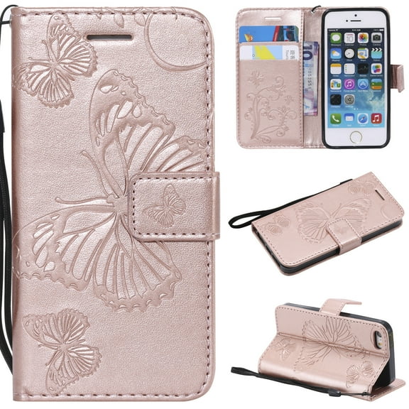 iPhone 5S Case,iPhone 5 Case,iPhone SE(2016） Wallet case, Allytech Pretty Retro Embossed Butterfly Flower Design Pu Leather Book Style Wallet Flip Case Cover for Apple iPhone 5/ 5S /SE(2016）, Rosegold