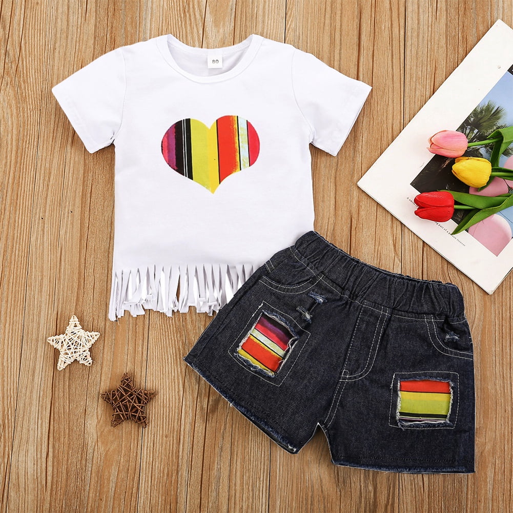 2PCS Toddler Kids Baby Girl Heart Bow Tops T-shirt+Pants Trousers Outfit Clothes 