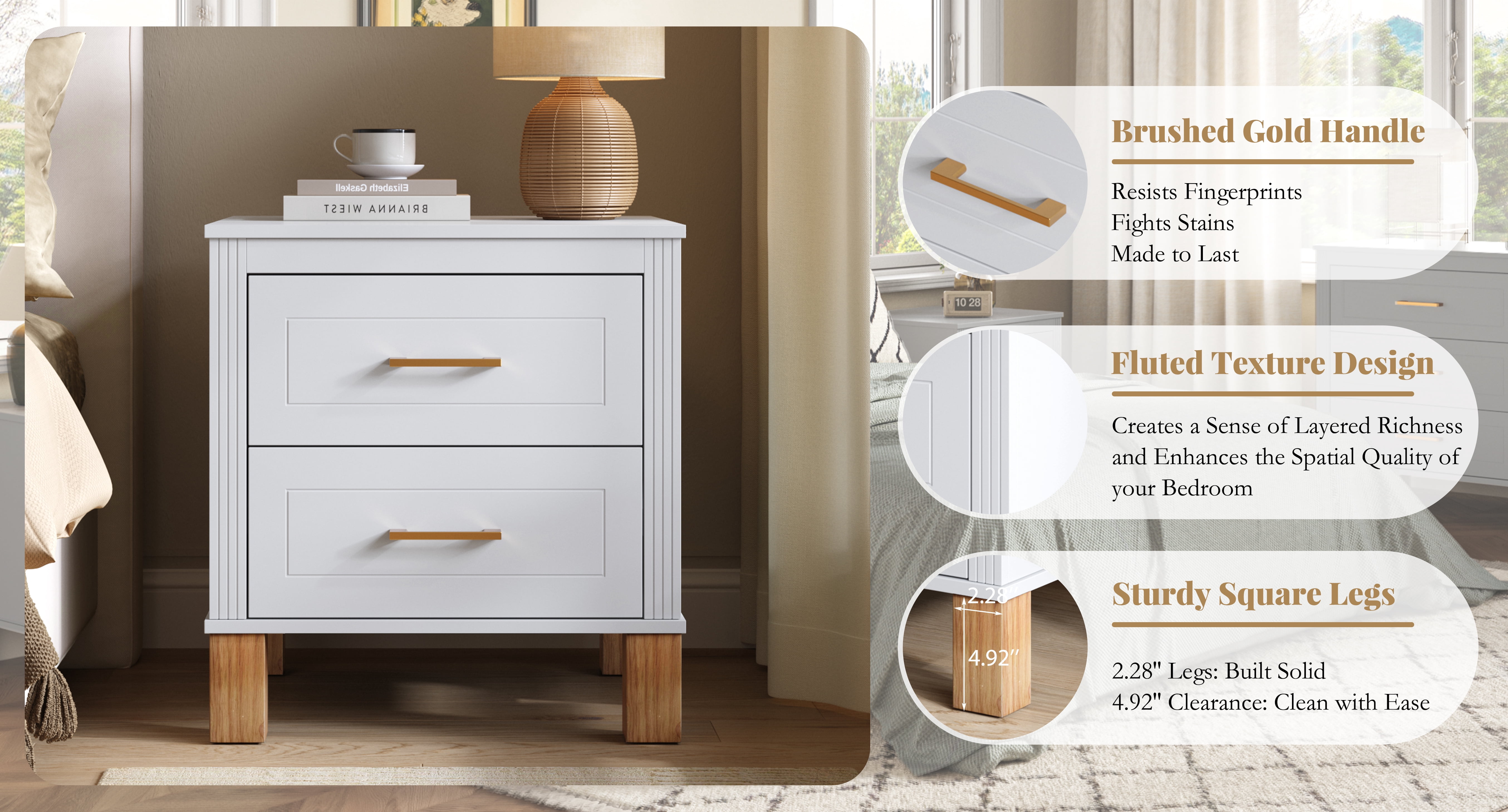 2 Drawer Nightstand, Premium Wood Storage with Elegant Fluted Design, Solid Wood Legs Nightstand with Metal Handle, Tall Bedside Table for Bedroom Living Room, White