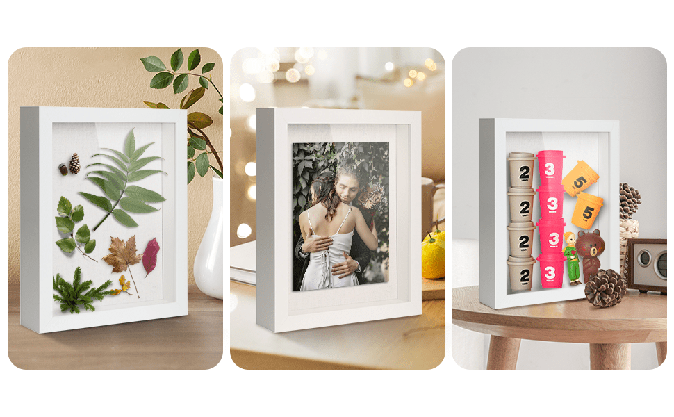 Muzilife 8x8 inch Wood Shadow Box Picture Frame Home Decor with Linen Board  Deep Glass Display Case, White 