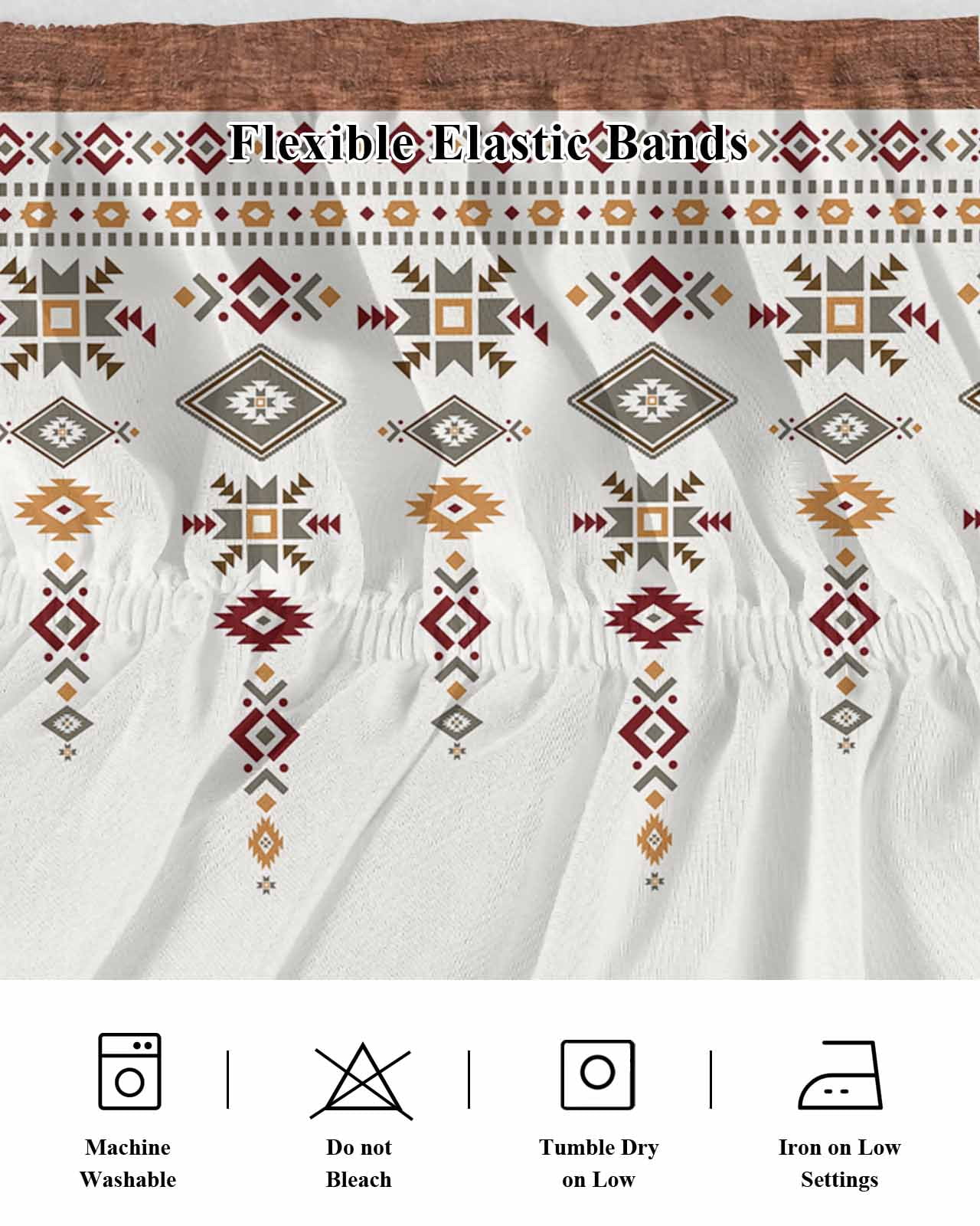 Vintage Southwest Bed Skirt Wood Grain Boho Geometric Tribal Style Bed Skirts Queen Size 16 Inch Drop, Wrap Around Dust Ruffle&nbsp;Bedskirt with Adjustable Elastic Belt for Queen Size Beds